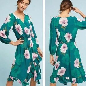 Anthropologie Plenty by Tracy Reese Aleah Green Floral Dress Long Sleeve Wedding